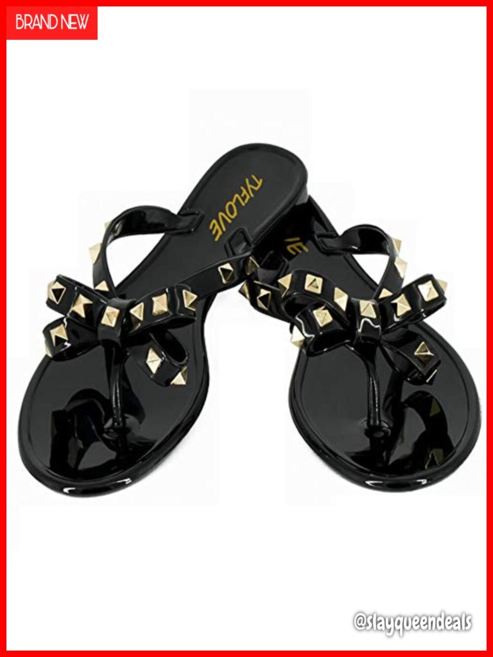 Studded Jelly Thong Sandals with Bow Bowtie Flat Beach Rain Shoes